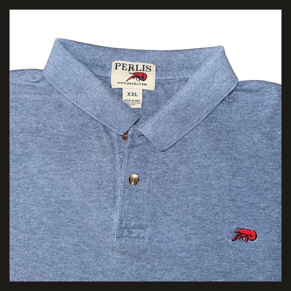 Perlis Crawfish Logo Polo Shirt XXL Blue Heather Short Sleeve Cotton Mens EUC - Picture 5 of 11